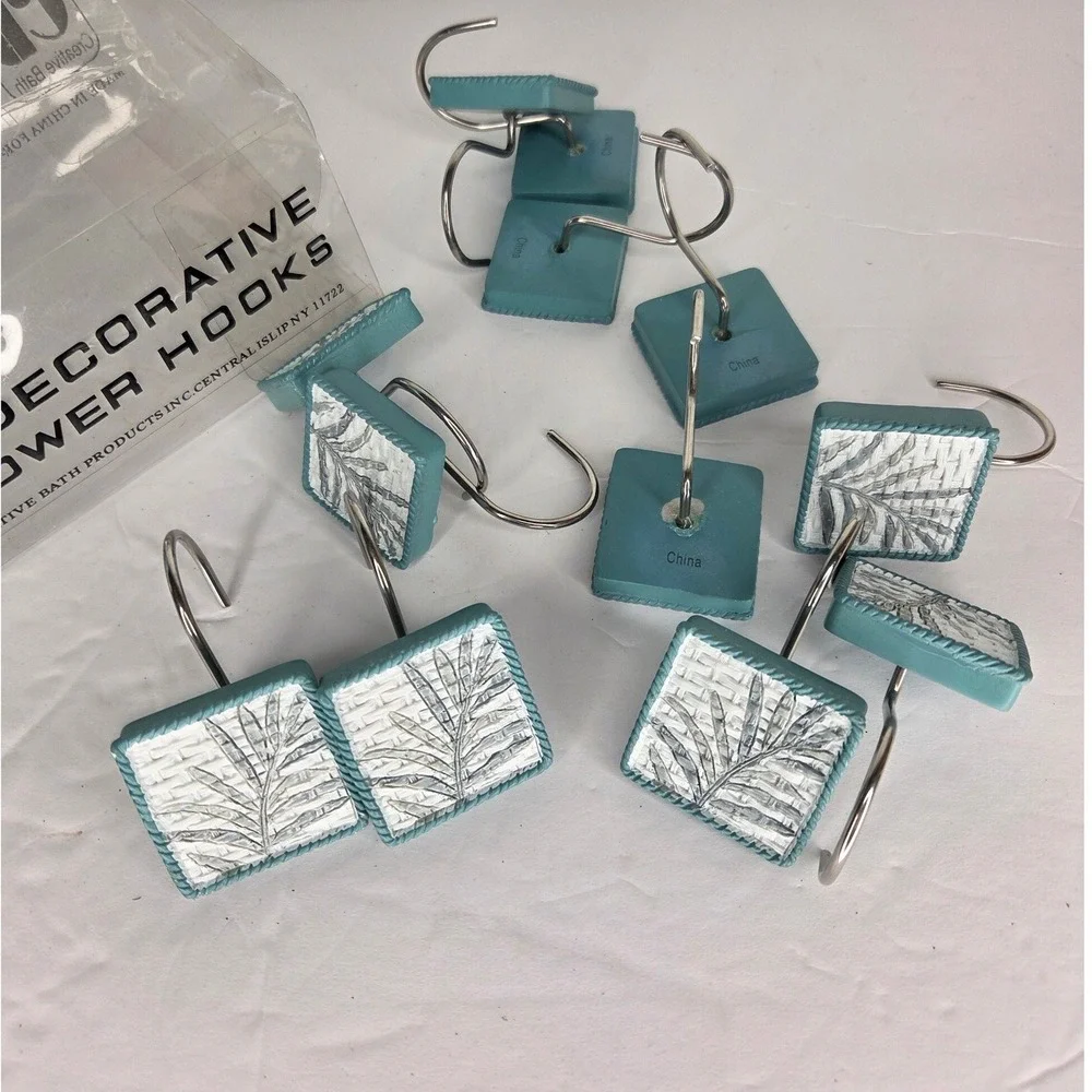 Tropical Palm Leaf Monstera Shower Curtain Hooks Set of 12 Teal and White Bath